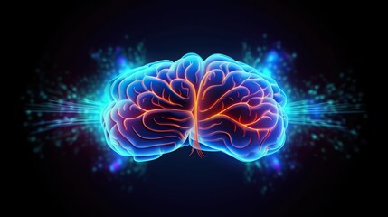 Abstract glowing blue brain with color lines
