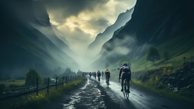 Fototapeta Bike racing through dark mountain roads