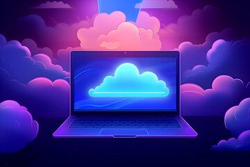 Laptop with cloud image in the pink-blue clouds background