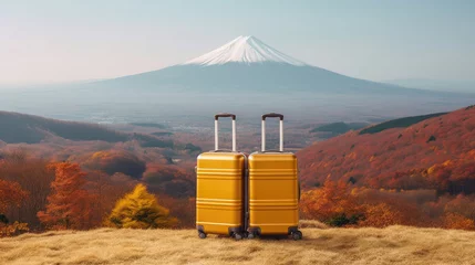 Schilderijen op glas Two luggages with landscape beautiful Fuji mountain view and autumn season for promote travel in Japan. Generative Ai © Areerat