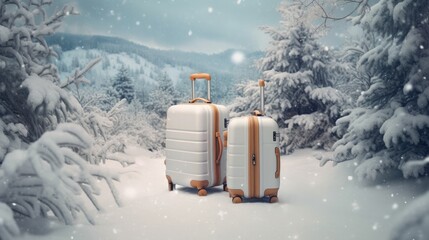Two suitcases in snow land with snowfall and christmas tree for tourist,winter seasonal. Generative ai - obrazy, fototapety, plakaty