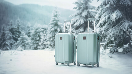 Two suitcases in snow land with snowfall and christmas tree for tourist,winter seasonal. Generative ai
