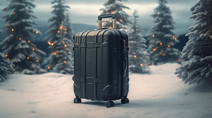 Two suitcases in snow land with snowfall and christmas tree for tourist,winter seasonal. Generative ai