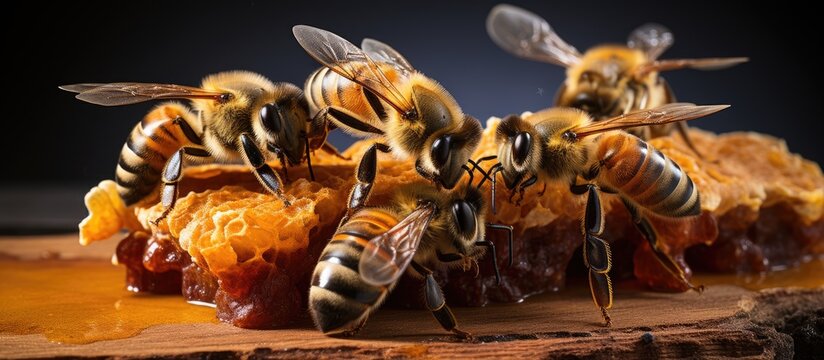 Bees with dust and mites on a honeycomb in a declining hive affected by Colony collapse disorder With copyspace for text