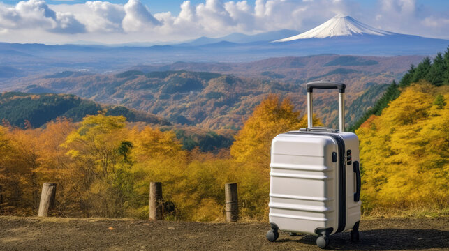 Two luggages with landscape beautiful Fuji mountain view and autumn season for promote travel in Japan. Generative Ai