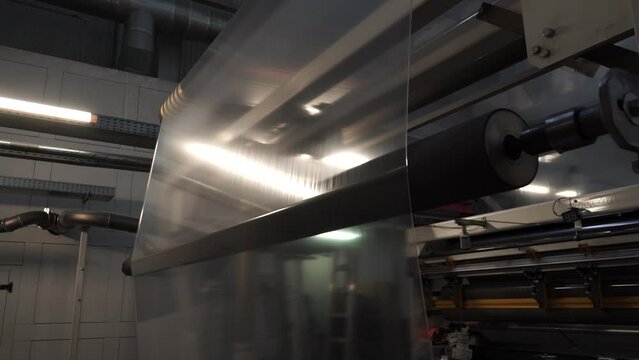 Automatic polyethylene plastic bag production machine with lighting effect.  Industrial line for the production of plastic packaging film. Factory for the production of packaging materials
