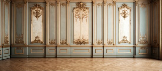 Antique European manor with wood paneling parquet floor and windows on each side With copyspace for text