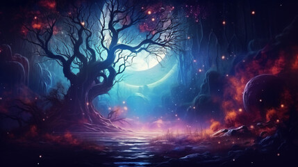 Autumn magical forest background with gigantic moon