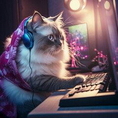 funny ragdoll cat gamer wearing headphones, playing computer game in cinematic lighting - 658905593
