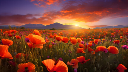 An amazing poppy field with summer flowers.