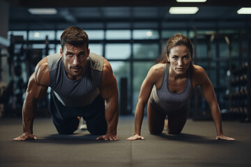sport couple doing plank exercise workout - obrazy, fototapety, plakaty