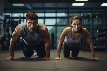 Tuinposter sport couple doing plank exercise workout © msroster
