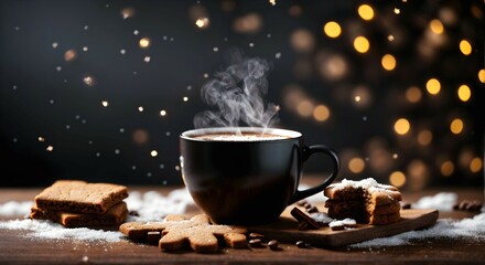 Closeup of black coffee mug, coffee steam, snow falling, food and beverages background, banner with...