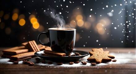 Closeup of black coffee mug, coffee steam, snow falling, food and beverages background, banner with copy space text 