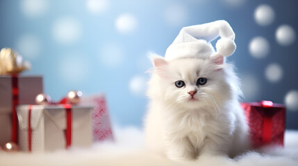 White british kitten is playing on a gray bedspread with a red cap. christmas accessories - red scarf