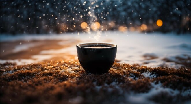 Closeup of black coffee mug, coffee steam, snow falling, food and beverages background, banner with copy space text 