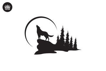Wolf Silhouette Howling in the Moon