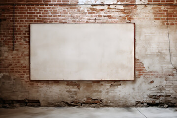 Copy space empty white projection screen on a worn brick wall over blank floor, material surface...