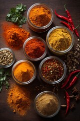 Top view of multicolored spices bowls, cloves, red pepper, seeds on a brown wooden background, closeup. Kitchen, restaurant, market, food, taste concepts