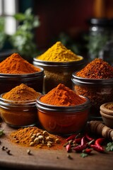 Obraz premium Various aromatic colorful spices bowls. on the kitchen table, ingredients for cooking dishes