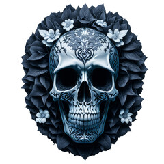 White human skull with silver flowers surrounding the skull.