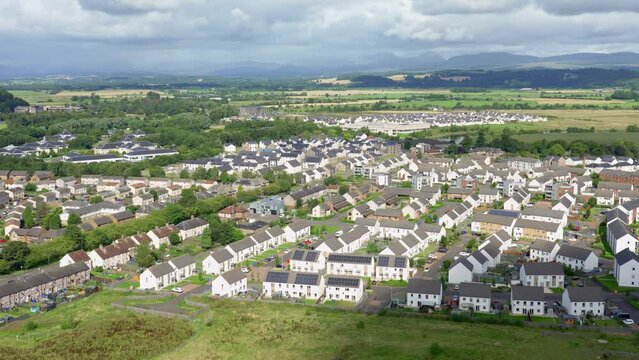 View of the city of Stirling from the top of a hill in the city, Scotland.