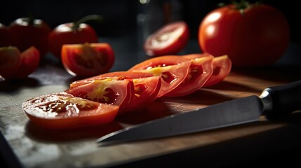 Chef slicing fresh ripe tomatoes on a chopping board