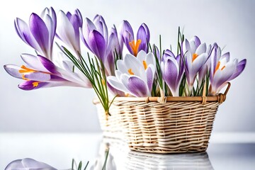 crocus flowers in a basket on white background - fresh spring flowers  