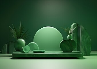 Green product presentation podium with green leaves nature background