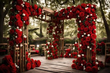Beautiful place made with wooden square red roses and floral decorations for outside wedding ceremony in wood.