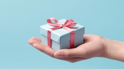 Hand holding gift box on pastel blue background