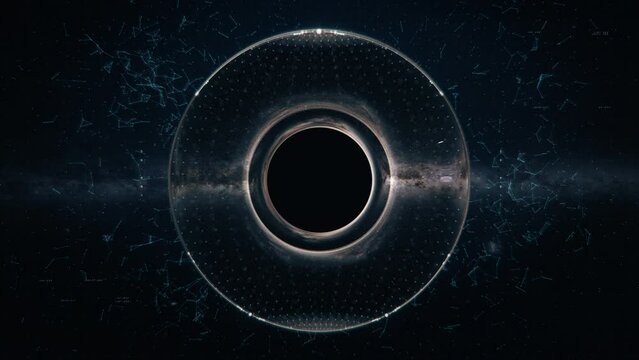 Two merging Black Holes with HUD interface. Worm-hole event horizon with hologram elements in deep space. Futuristic black hole in cosmos with galaxy background. Cinematic universe action.