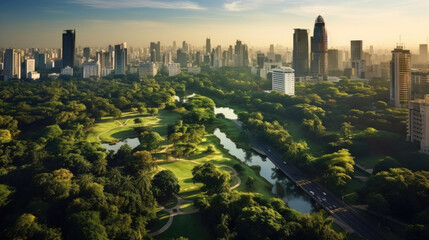 Fototapeta premium Aerial view of Bangkok city Lumpini public park with office building urban background Thailand. Generative Ai