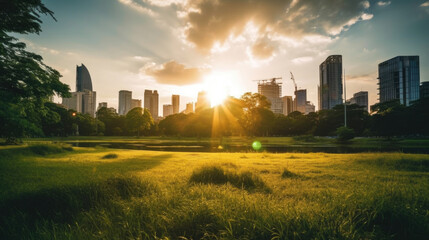 Bangkok beautiful view from Lumpini Park. Green grass field in park at city center with office building urban background Thailand. Generative Ai - obrazy, fototapety, plakaty