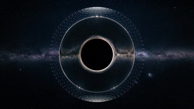 Black Hole expanding and vibrating with HUD detecting interface. Black hole event horizon with hologram elements in deep space. Futuristic black hole in cosmos with galaxy background. Universe.