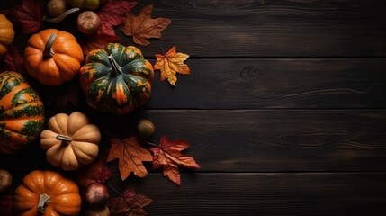 Happy Thanksgiving with pumpkins and leaves over dark wood background