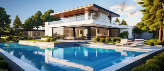 Fototapeta na wymiar Contemporary luxury property with pool With copyspace for text