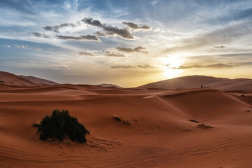 Desert Wanderlust: Exploring the Vast Sand Dunes at Sunset - obrazy, fototapety, plakaty