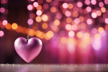 Romantic Pink Heart Pendant on Chain Amid Festive Lights Background