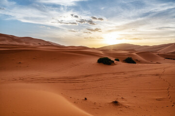 Fototapeta na wymiar Sunset over the sand dunes, Sahara Desert, Morocco, Africa