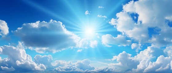 Vivid Panorama: Bright Blue Sky with White Clouds and Radiant Sun