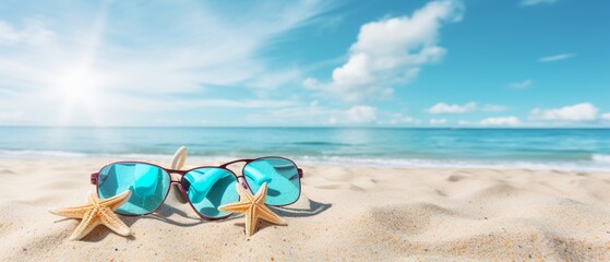 Fototapeta na wymiar Vibrant Summer Beach Holiday: Sunglasses, Starfish, Flip-Flops on Sandy Tropical Shore under Blue Sky with Clouds on a Bright Sunny Day