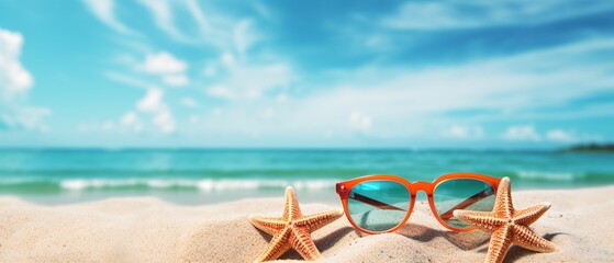 Fototapeta na wymiar Vibrant Summer Beach Holiday: Sunglasses, Starfish, Flip-Flops on Sandy Tropical Shore under Blue Sky with Clouds on a Bright Sunny Day