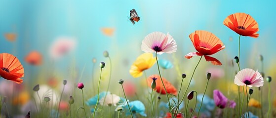 Vibrant Spring and Summer Meadow: Colorful Poppies, Fluttering Butterflies, and Soft Focus on Light Turquoise Background