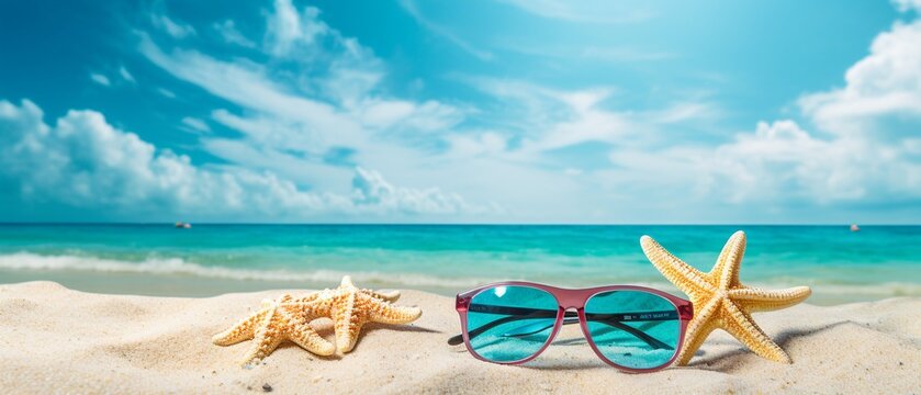 Vibrant Summer Beach Holiday: Sunglasses, Starfish, Flip-Flops on Sandy Tropical Shore under Blue Sky with Clouds on a Bright Sunny Day