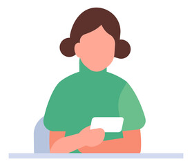 Sitting woman looking at phone screen. Person watching video