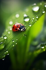 Obraz premium Stunning Nature Macro: Ladybug Climbing on Dew-Kissed Green Plant