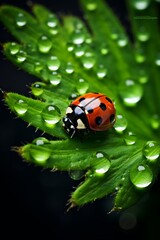 Obraz premium Stunning Nature Macro: Ladybug Climbing on Dew-Kissed Green Plant