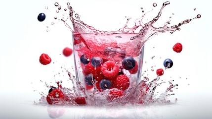 Close up of glass with refreshing strawberry cocktail, with splashes on white background - obrazy, fototapety, plakaty