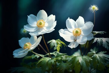 Obraz premium Elegant Spring Macro: White Anemones, Ladybug, and Sunlight on a Dark Background